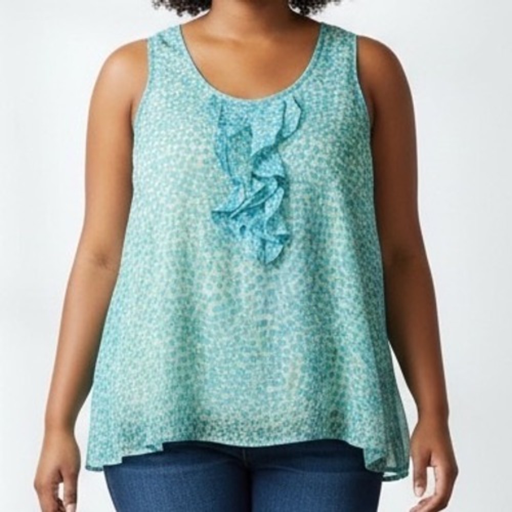 Mineral tank Abstract Print Ruffle Front  Blouse XL flowy chiffon boho career
